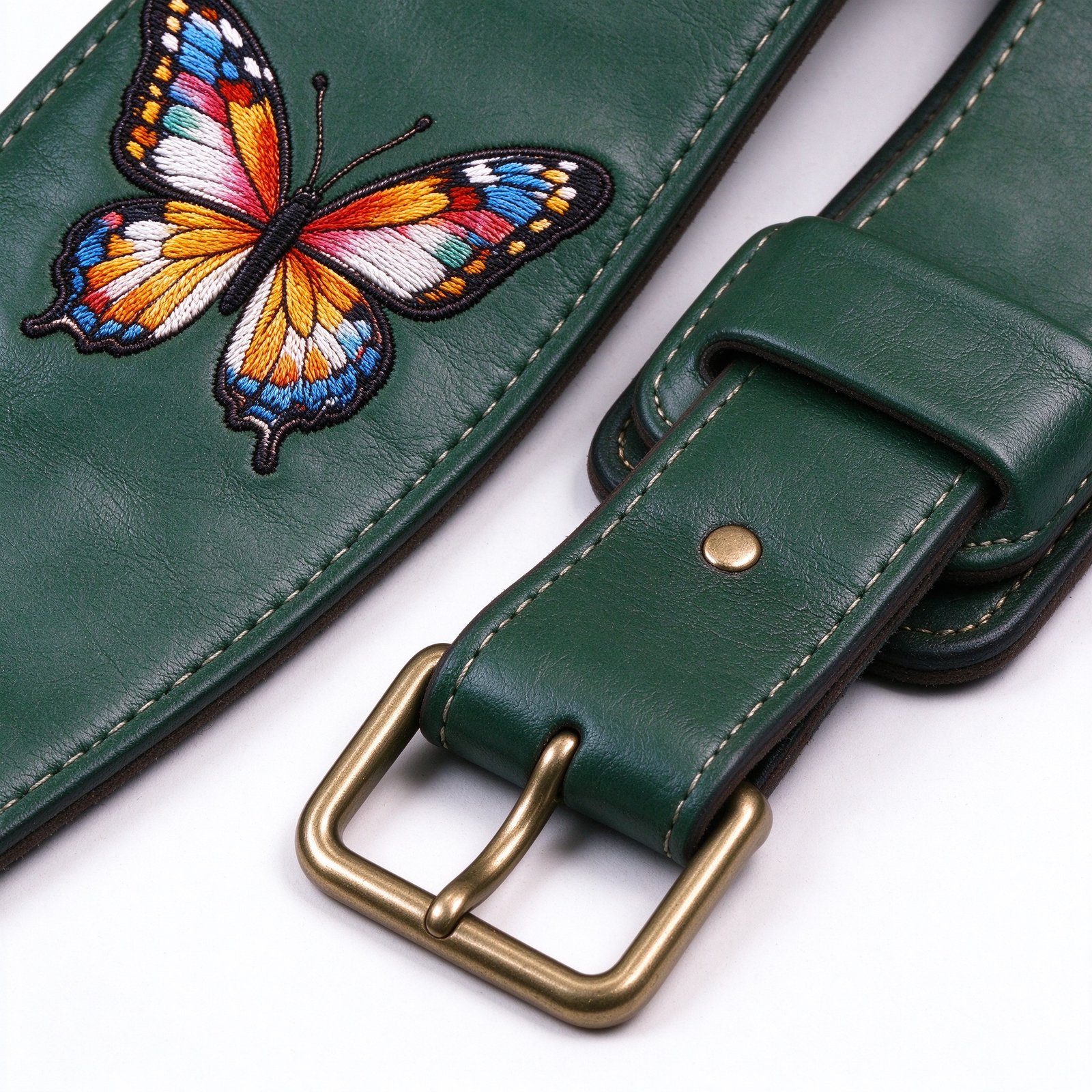 Atelier Forest Green Leather Butterfly Embroidered Guitar Strap - Image 2