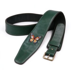 Atelier Forest Green Leather Butterfly Embroidered Guitar Strap