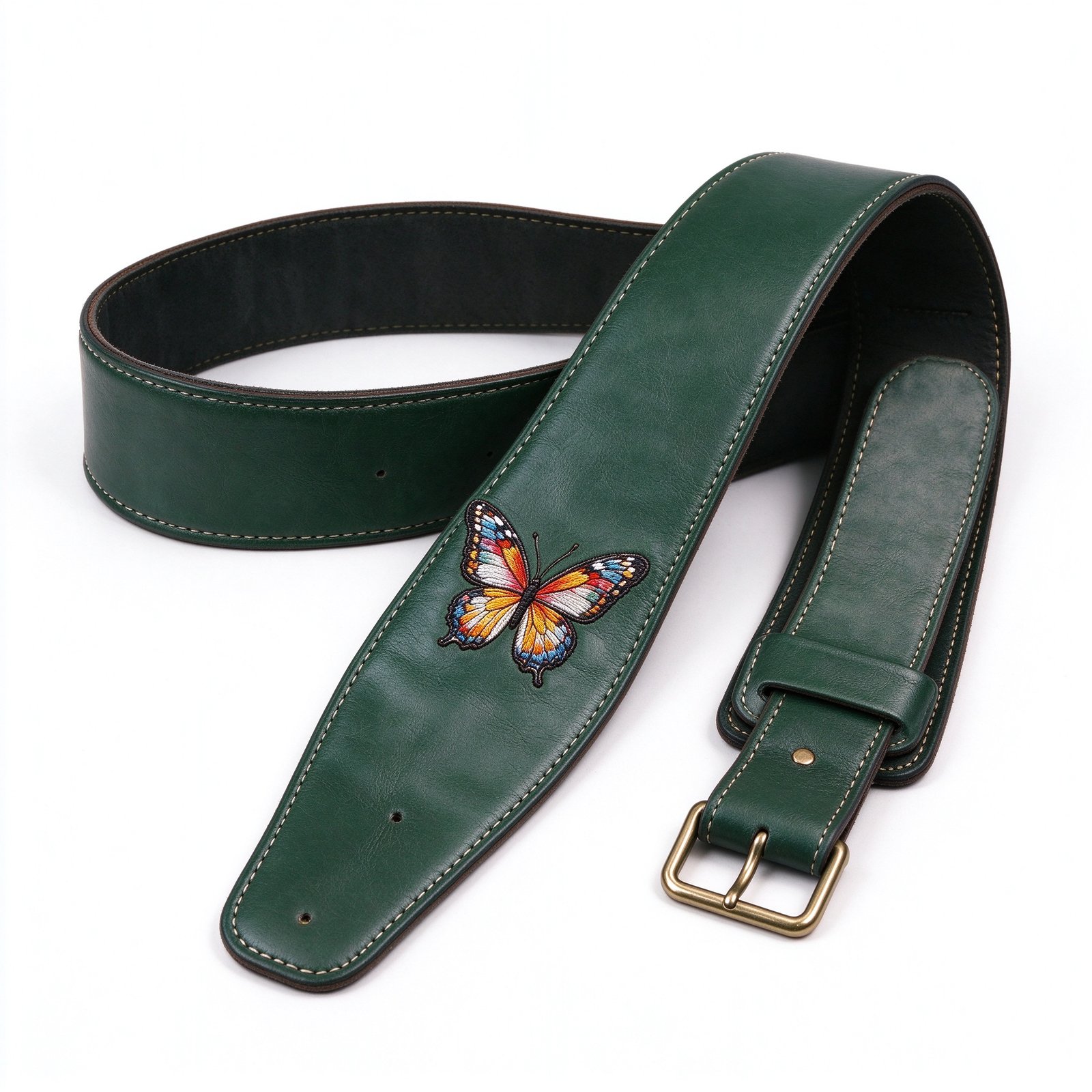 Atelier Forest Green Leather Butterfly Embroidered Guitar Strap