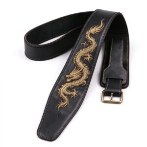 Atelier Black Leather Gold Dragon Embroidery Guitar Strap