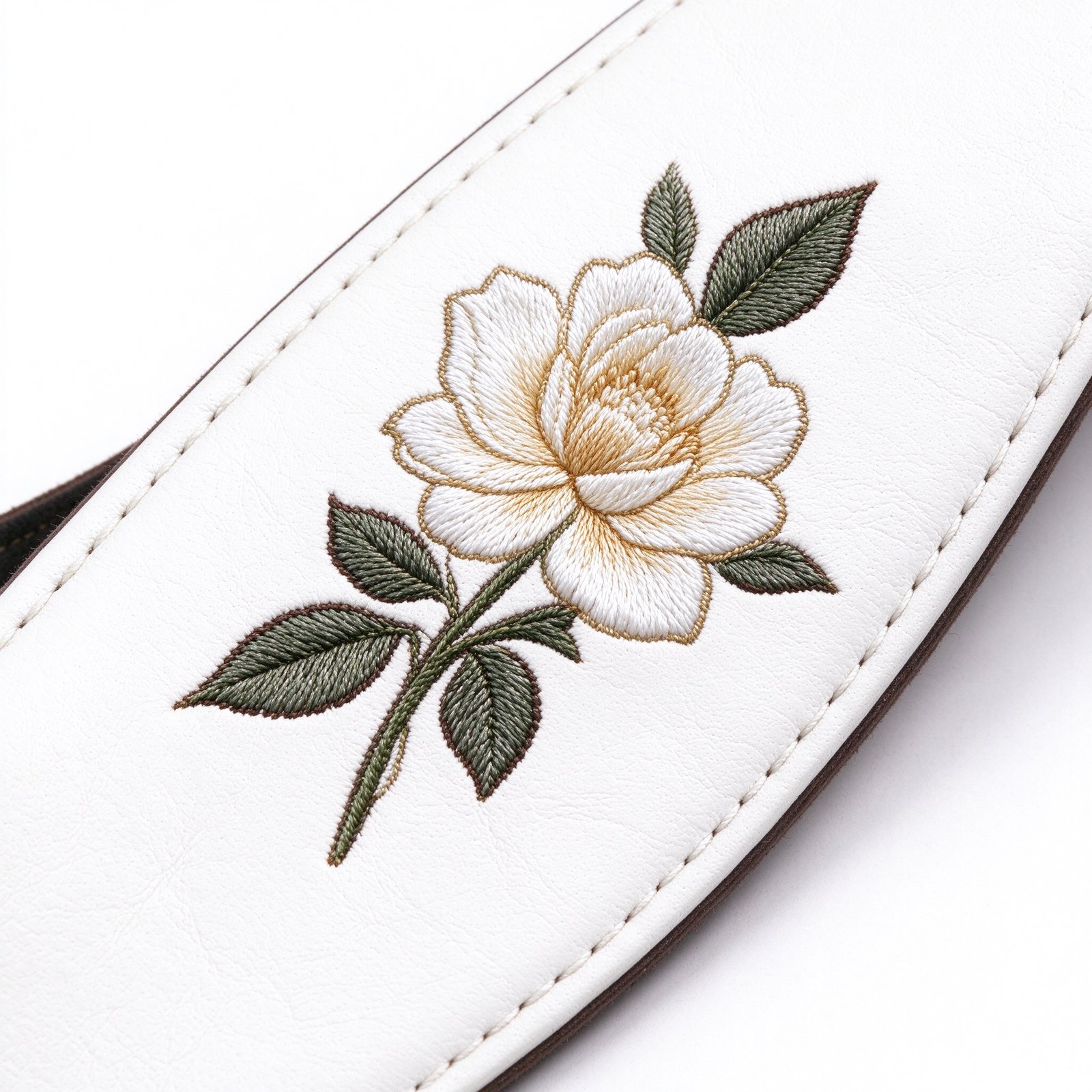 Atelier White Leather Guitar Strap with Floral Embroidery - Image 2