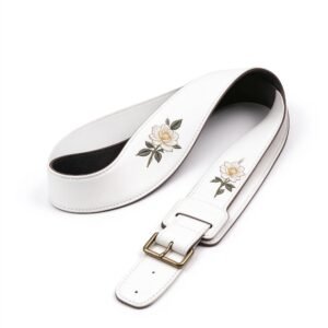 Atelier White Leather Guitar Strap with Floral Embroidery