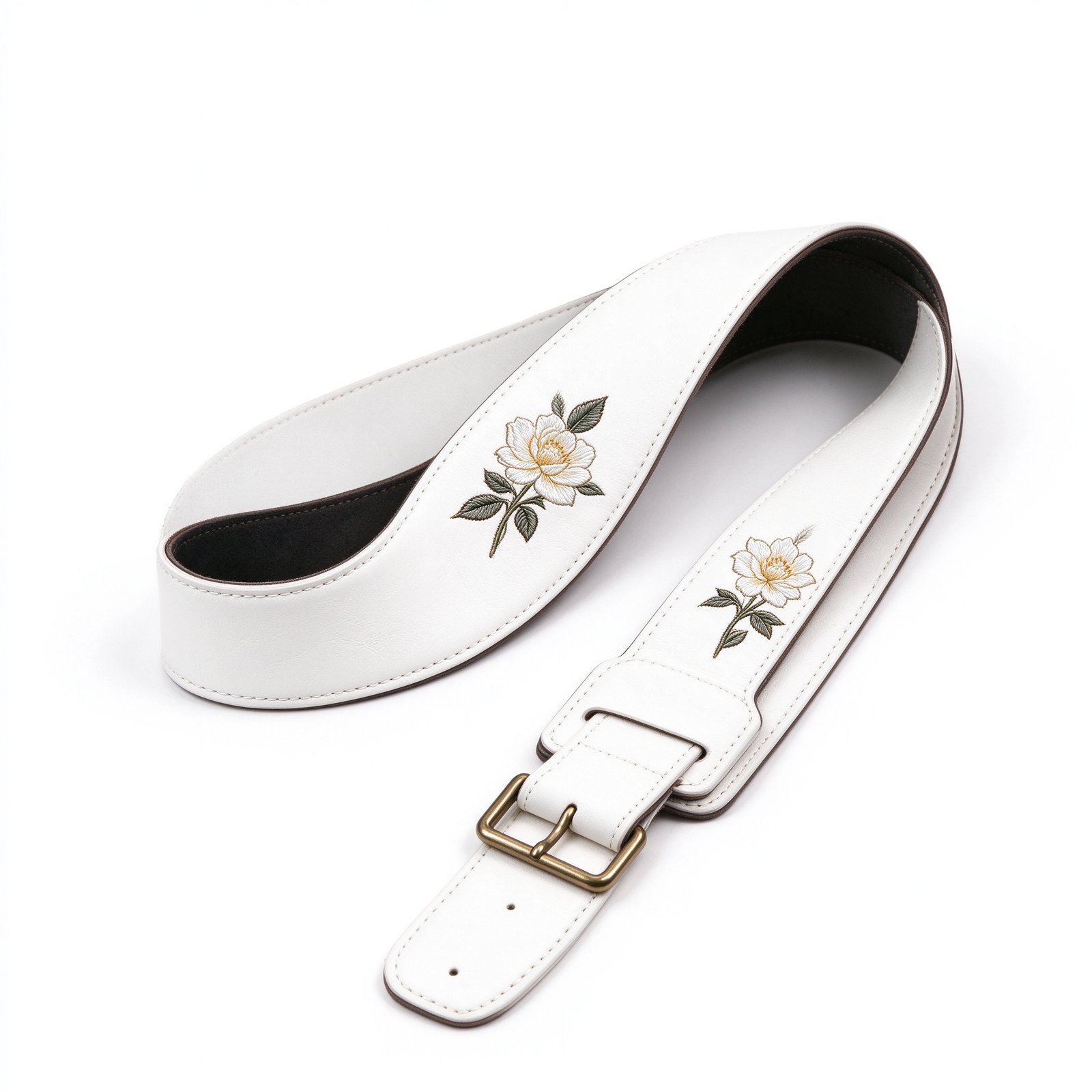 Atelier White Leather Guitar Strap with Floral Embroidery