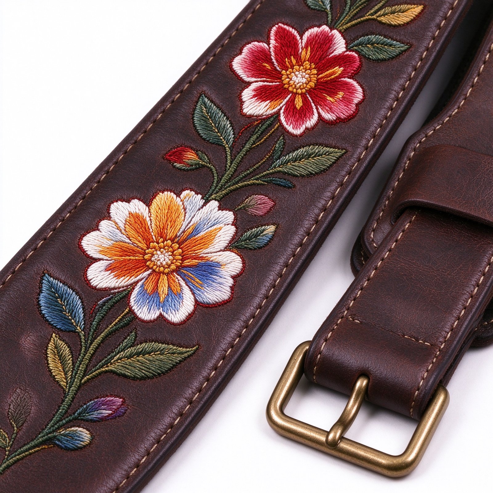 Atelier Brown Leather Floral Embroidery Guitar Strap - Image 2
