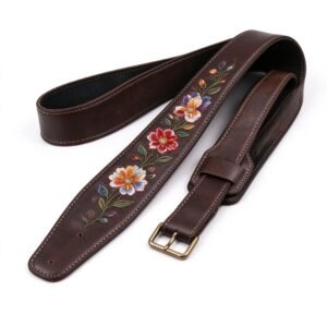 Atelier Brown Leather Floral Embroidery Guitar Strap