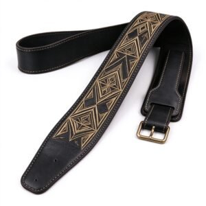 Atelier Black Leather Gold Geometric Embroidery Guitar Strap