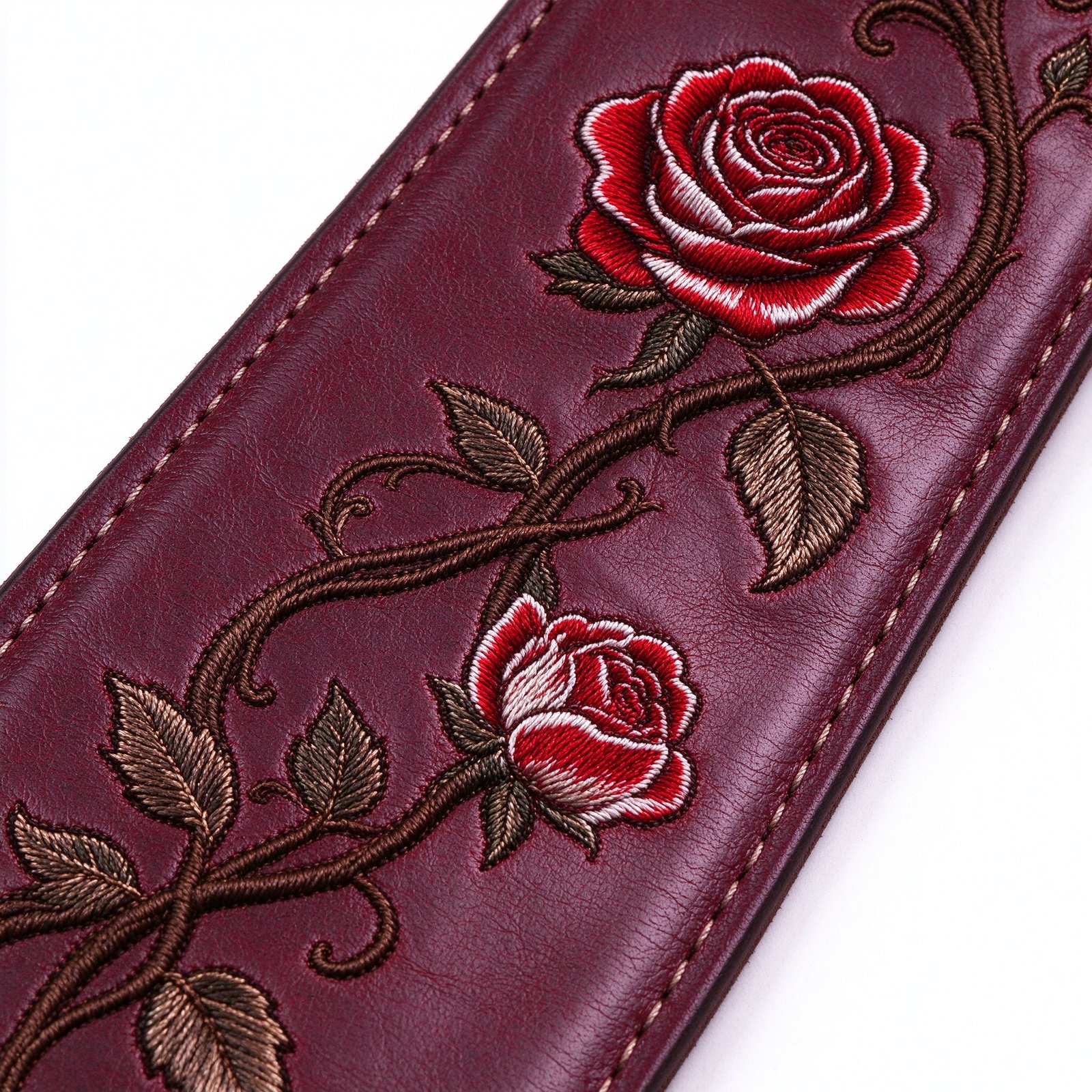 Atelier Merlot Leather Guitar Strap with Rose Embroidery - Image 2