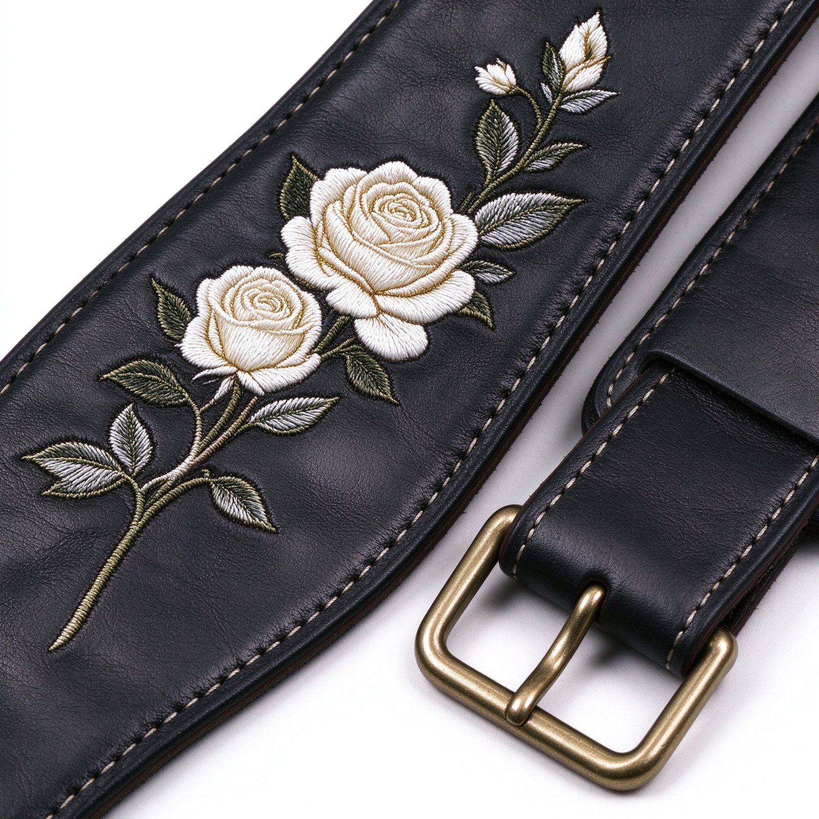 Atelier Black Leather White Rose Embroidered Guitar Strap - Image 2