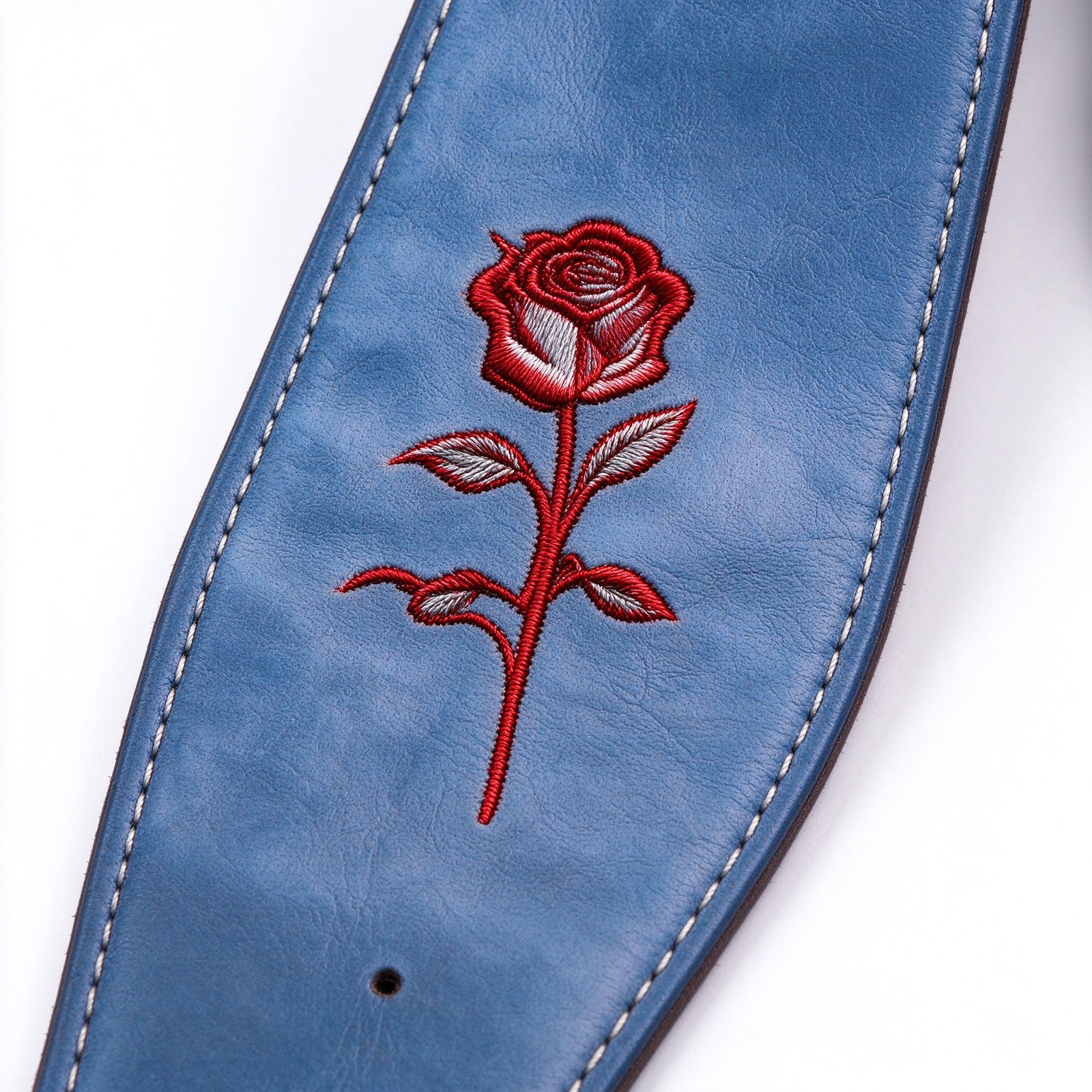 Atelier Blue Leather Guitar Strap with Rose Embroidery - Image 2