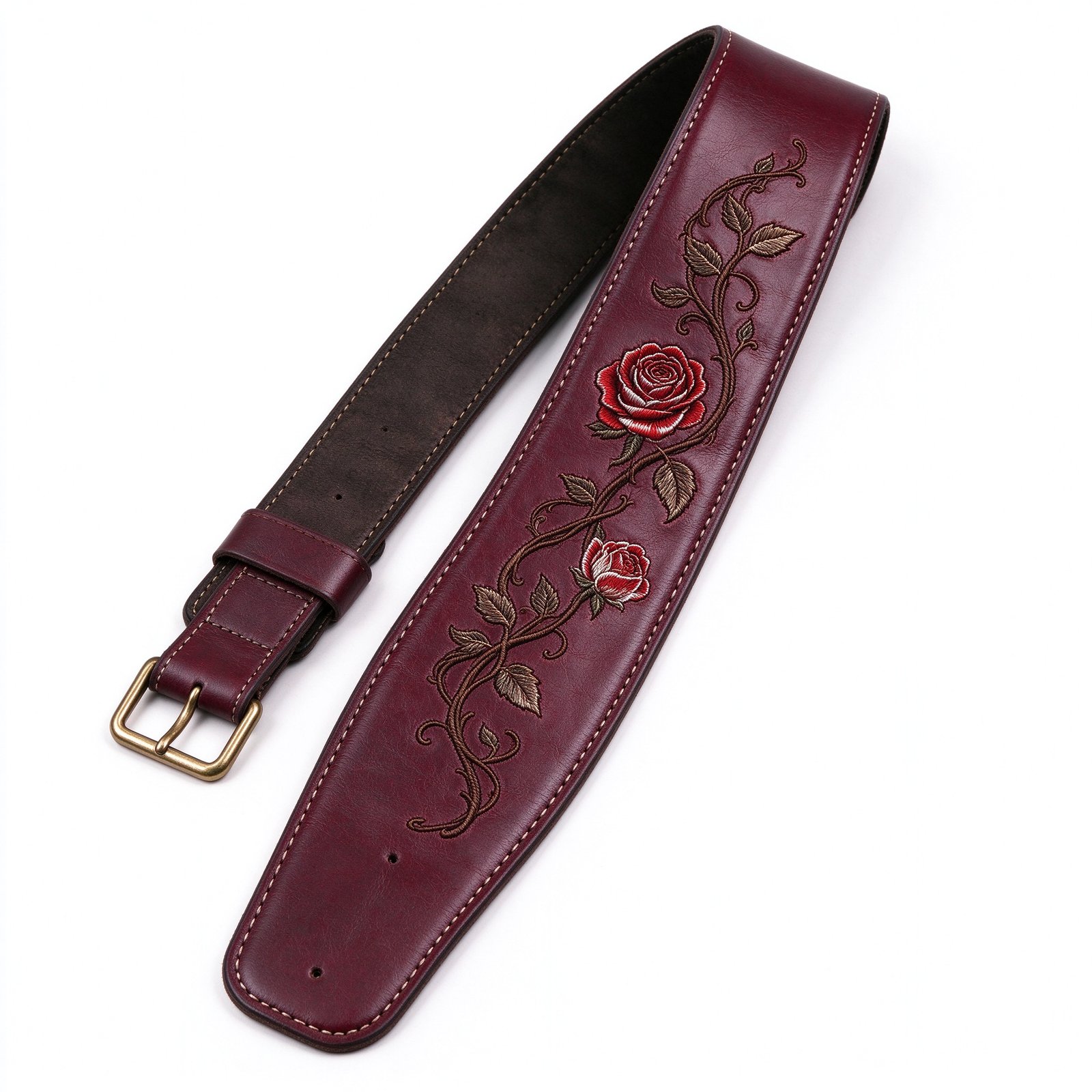 Atelier Merlot Leather Guitar Strap with Rose Embroidery