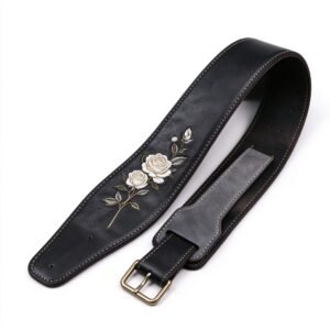 Atelier Black Leather White Rose Embroidered Guitar Strap