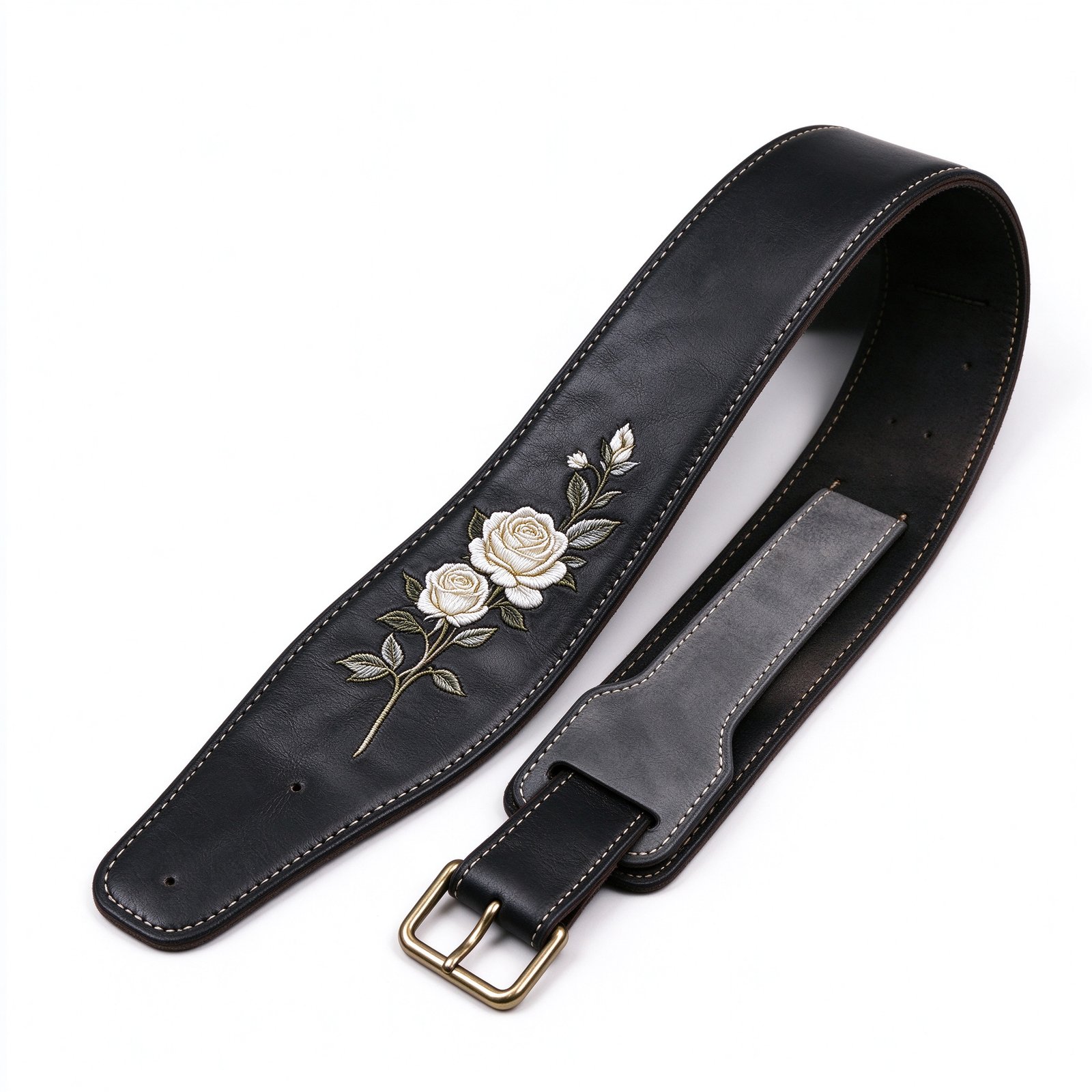 Atelier Black Leather White Rose Embroidered Guitar Strap