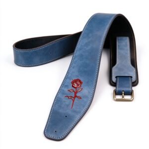 Atelier Blue Leather Guitar Strap with Rose Embroidery