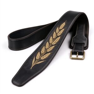 Atelier Black Leather Guitar Strap with Gold Wheat Embroidery