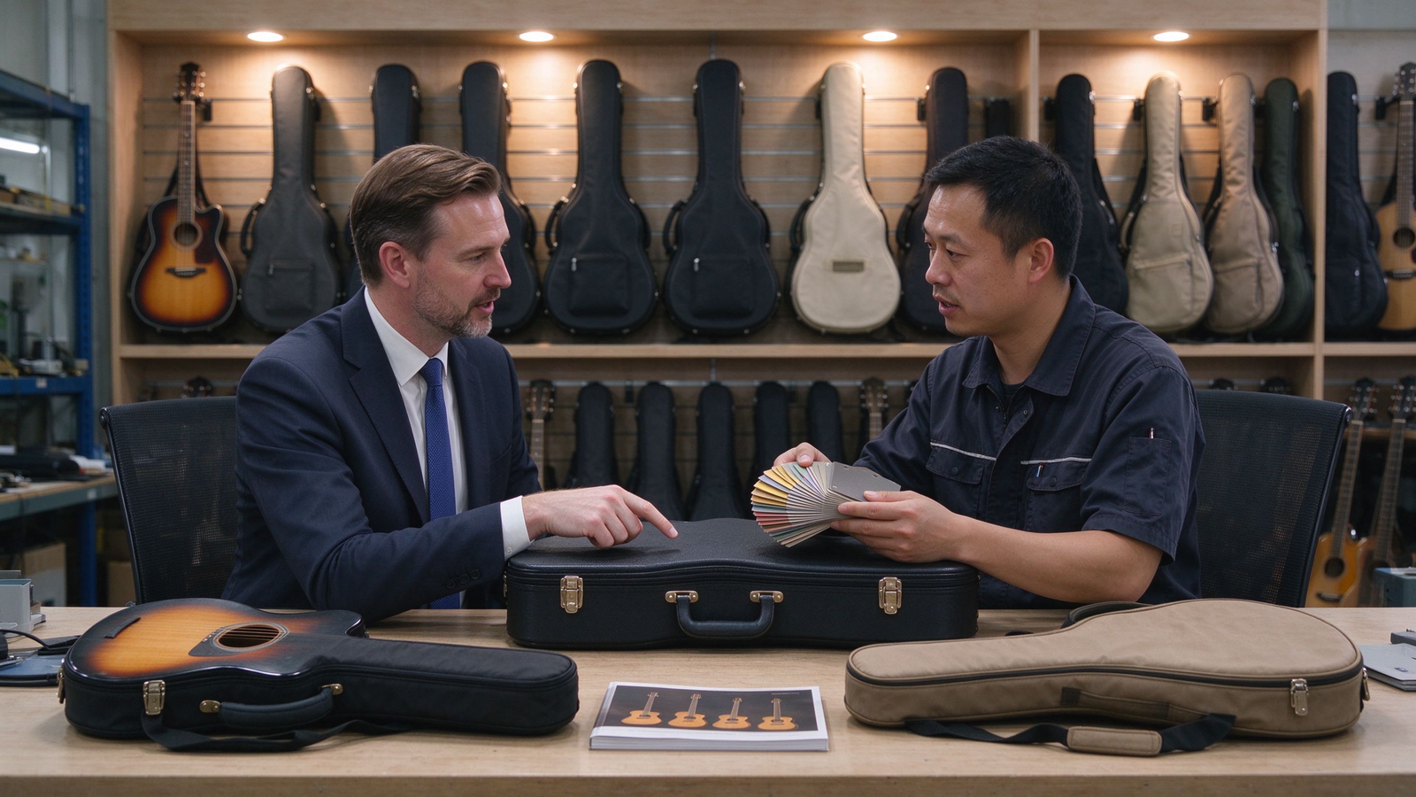 OEM ODM guitar case factory sample meeting with buyers