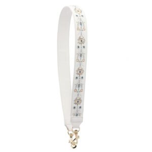 Embroidered White Leather Guitar Strap - Floral