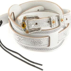 Vintage Tooled Leather Guitar Strap with Jewel Accent - White