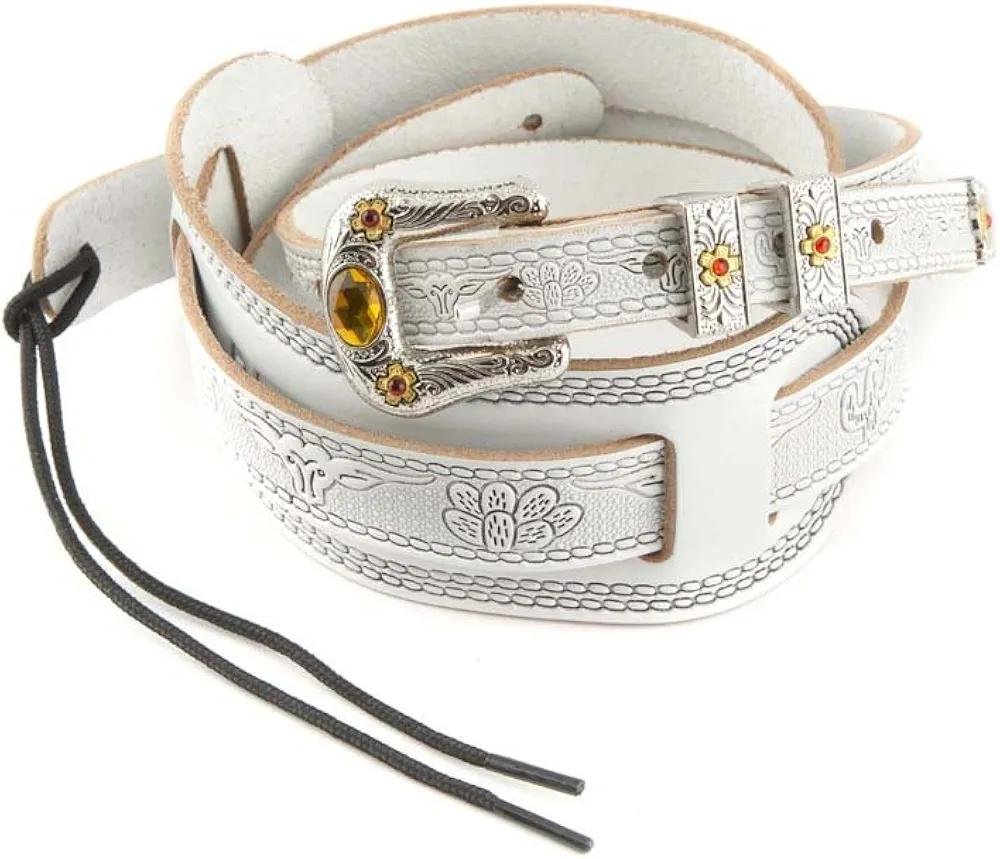 Vintage Tooled Leather Guitar Strap with Jewel Accent - White